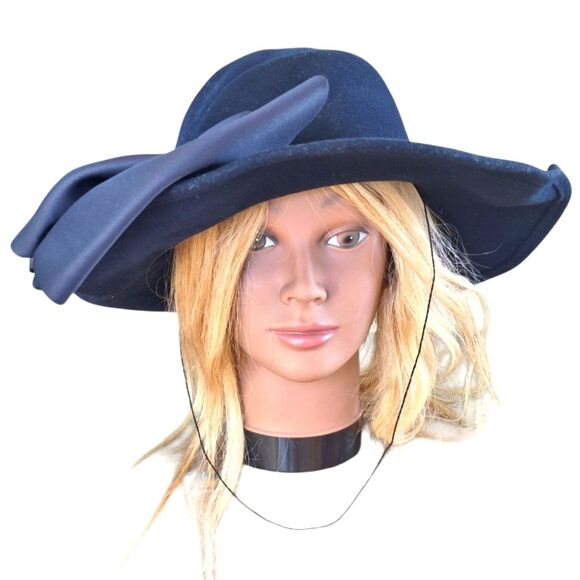 Vintage Mr. John Classic Wool Hat Wide Brim Satin Bow Navy Blue MCM Made in USA - Picture 1 of 13